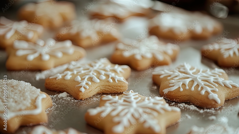 Decorated snowflake cookies on a baking tray. Decorated snowflake cookies on a baking tray.