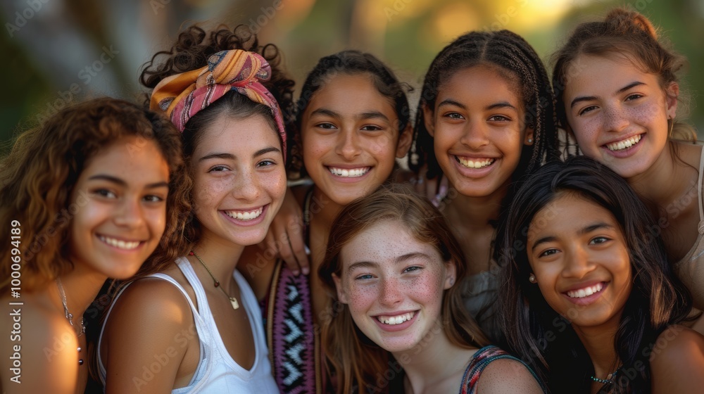 A group of young women from diverse ethnicities, all smiling and standing closely together