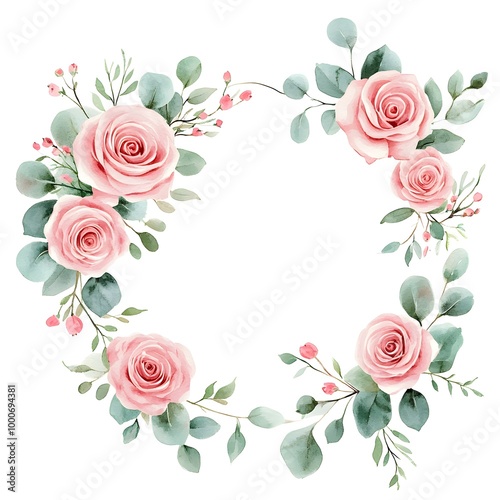 Watercolor pink floral wreath, with roses and eucalyptus leaves, on a white background, in two different poses.