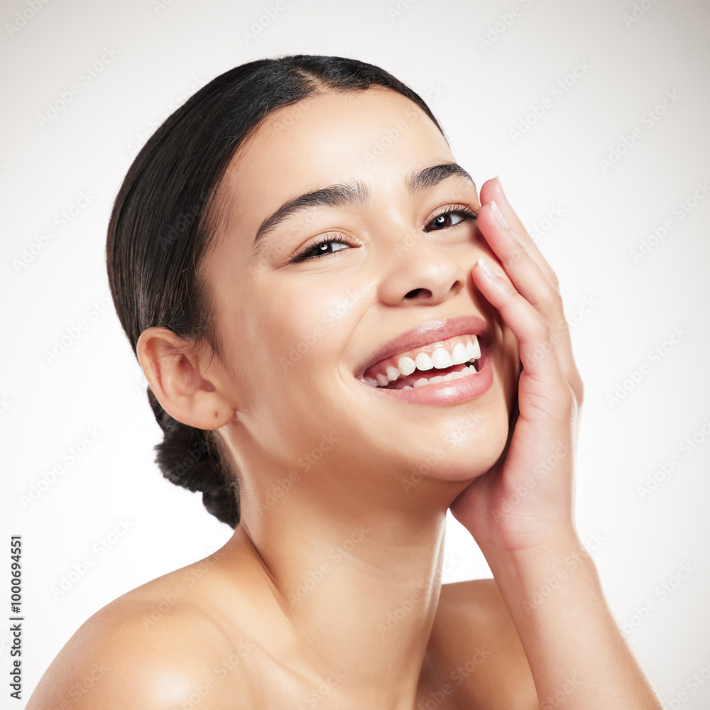 Skincare, health and portrait of woman in studio with beauty, wellness and facial routine for glow. Natural, hydration and female person from Spain with face dermatology treatment by gray background. Skincare, health and portrait of woman in studio with beauty, wellness and facial routine for glow. Natural, hydration and female person from Spain with face dermatology treatment by gray background.