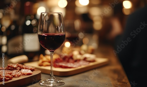 Close-up of a glass of red wine on a bar table with blurred people and charcuterie board in the background at a cozy wine tasting event, Generative AI