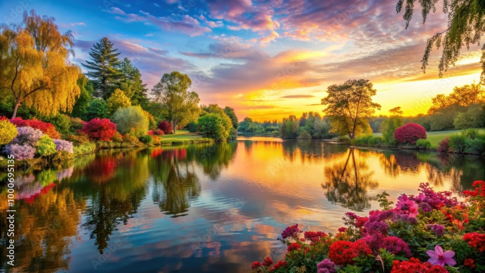 Obraz premium Serene lake with vibrant trees and flowers at sunset, serene, lake, vibrant, trees, flowers, sunset, calm, tranquil
