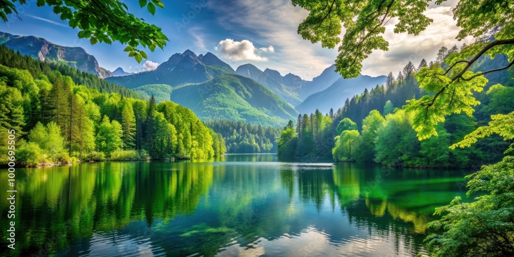 Fototapeta premium Lush forest with vibrant green foliage, peaceful lake, and majestic mountains in the background, nature, wallpaper, serene