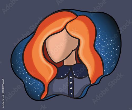 Vector color illustration portrait of a girl with her red hair on a blue dice background.