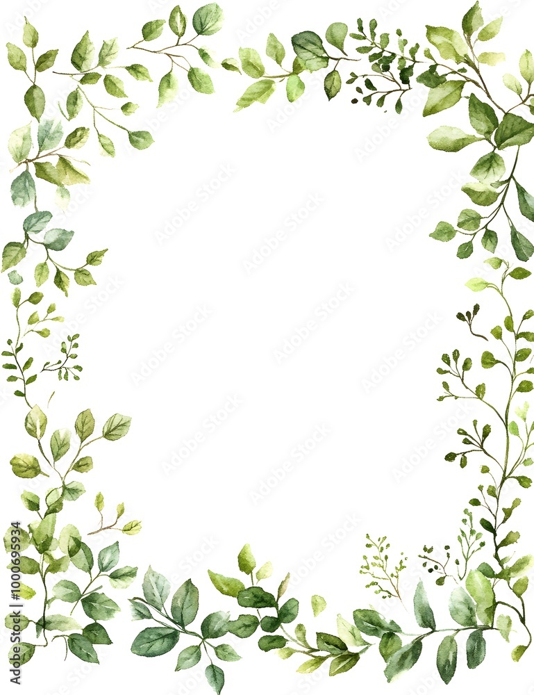 Watercolor square frame with a white background, light green leaves and flowers around the edges, Watercolor square frame with a white background, light green leaves and flowers around the edges,