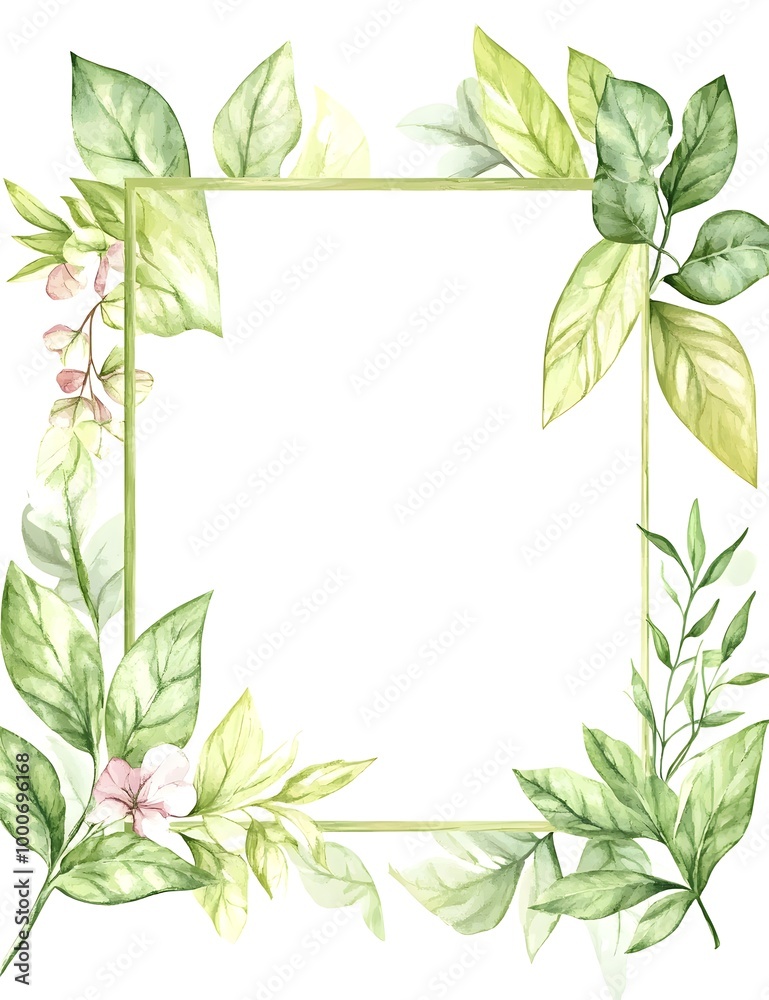 Obraz premium Watercolor square frame with a white background, light green leaves and flowers around the edges,