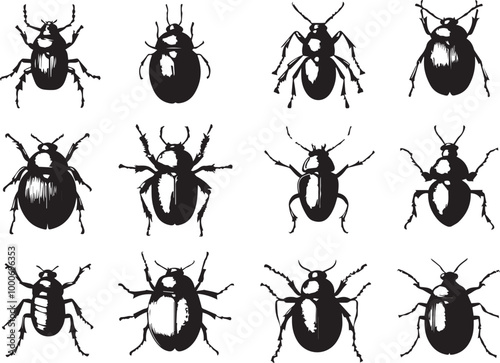 set of silhouettes of insects on white background