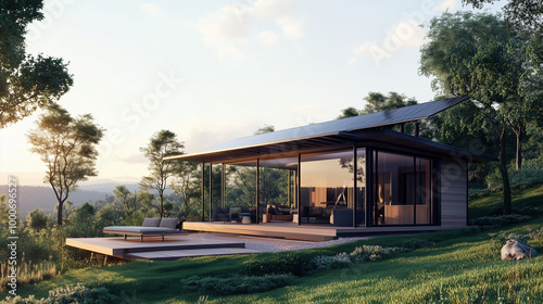 環境に優しいクリーンエネルギーシステムを装備した小型住宅をリアルに描いたAI生成画像