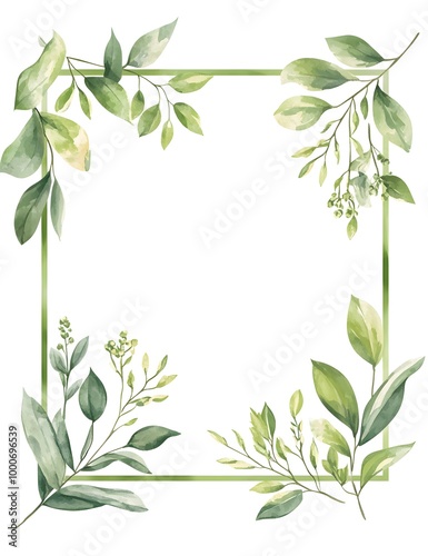 Watercolor square frame with a white background, light green leaves and flowers around the edges,