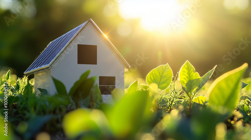 太陽光パネルを装備した一戸建て住宅のミニチュアと輝く朝日をリアルに描いたAI生成画像