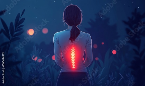 Woman Suffering Chronic Lower Back Pain, Highlighted Lumbar Spine, Healthcare Concept, Medical Diagnosis, Night Setting, Casual Outfit, Pain Relief, Modern Health Issue, Generative AI photo