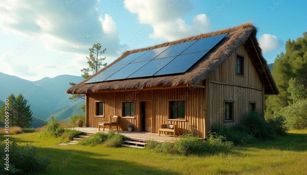 A small house with a thatched roof sits on a grassy hillside A small house with a thatched roof sits on a grassy hillside