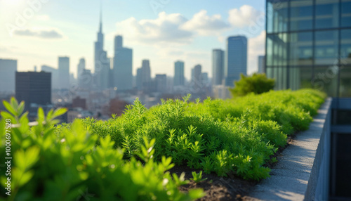 A city skyline with a green roof