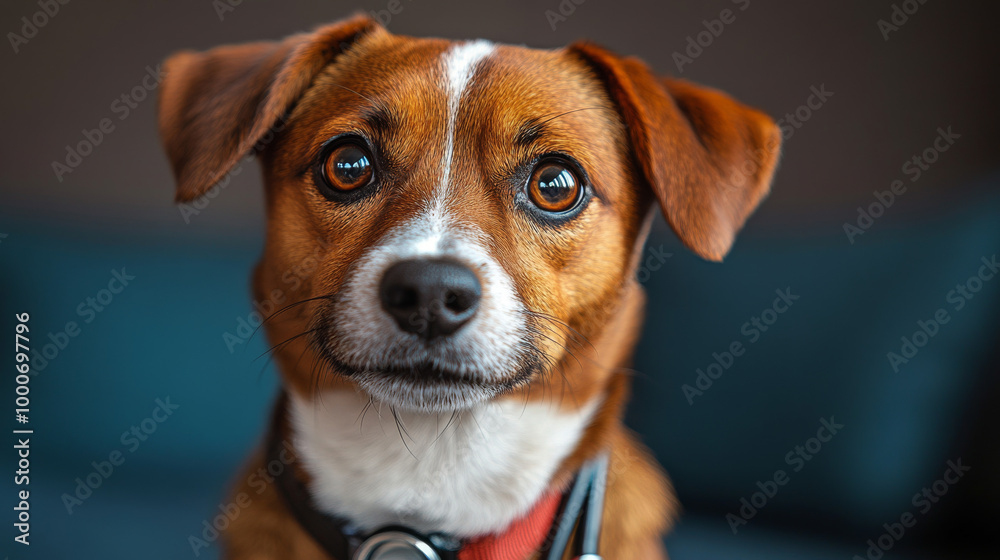 A close-up portrait of a brown and white dog looking at the camera. A close-up portrait of a brown and white dog looking at the camera.