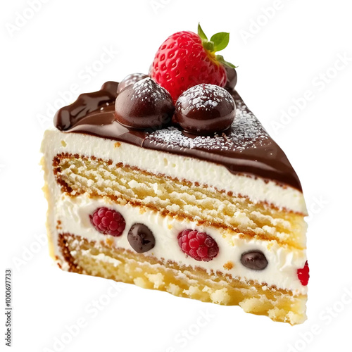 Piece of cake with cherries isolated on white and transparent background