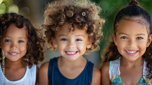 A close-up of three children with varied hair types, smiling warmly photo