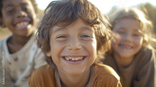 A close-up of three happy kids from different backgrounds, smiling together