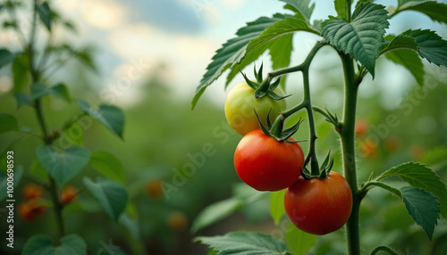 Three ripe tomatoes are hanging from a plant