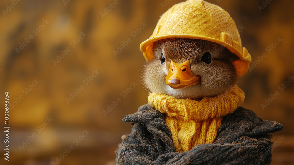 Obraz premium A cute little duckling wearing a yellow hard hat and a knitted scarf.
