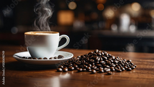 Hot steaming cafe latte with bunch of coffee beans on cafe table under blur coffee shop background. 