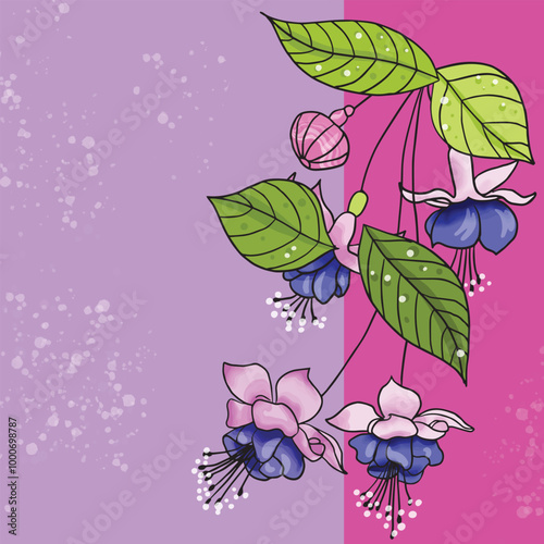 Vector illustration abstraction of blue fuchsia flowers with leaves on a lilac-pink background with brushstrokes of paint