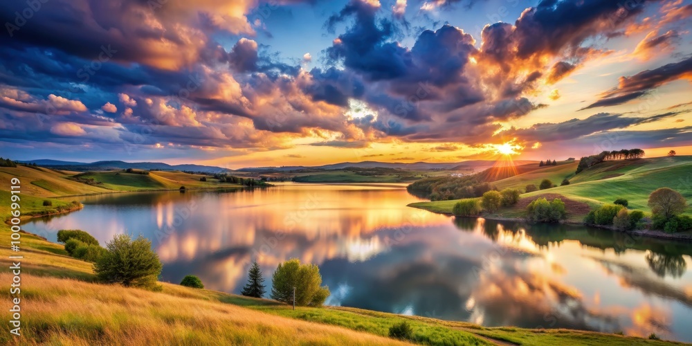 Serene natural landscape with rolling hills, calm lake, and dramatic sunset sky, serene, picturesque, natural Serene natural landscape with rolling hills, calm lake, and dramatic sunset sky, serene, picturesque, natural