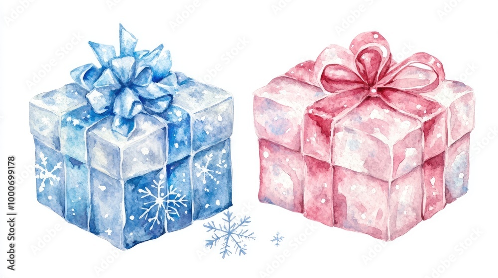 Fototapeta premium Snowflakes and Gift box, Christmas theme, watercolor style, isolated on white background