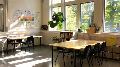 Bright classroom with tables, chairs and natural light.