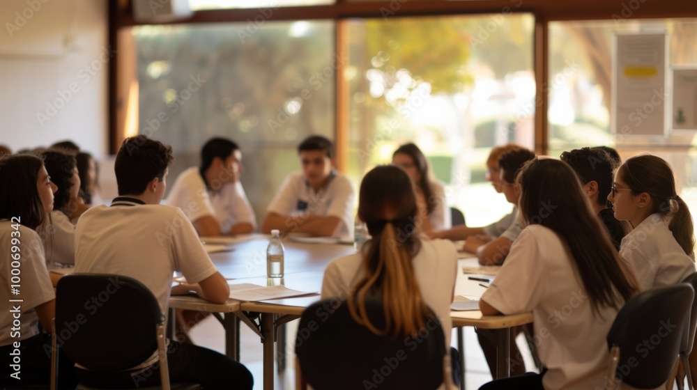 Group of people engaged in collaborative discussion around table. Group of people engaged in collaborative discussion around table.