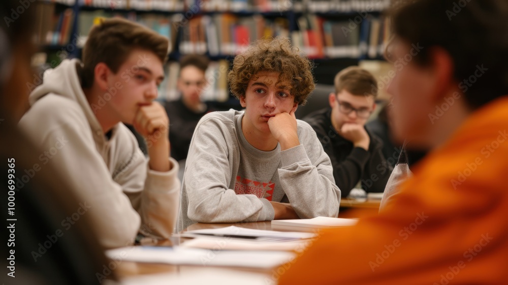 Group of teenagers engaged in thoughtful discussion.