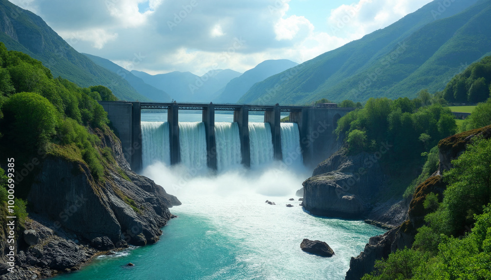 A large waterfall is flowing into a river A large waterfall is flowing into a river