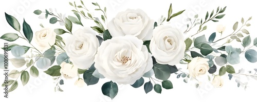 Watercolor white floral bouquet arrangement with roses, peonies, and eucalyptus leaves on an isolated background,