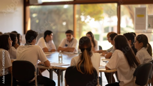 Group of people engaged in collaborative discussion around table.