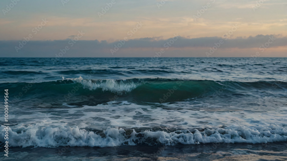 Fototapeta premium Rough waves crushing on seashore with blur cloudy dusk sunset sky cover image. Nature sunset seascape background design for copy space.