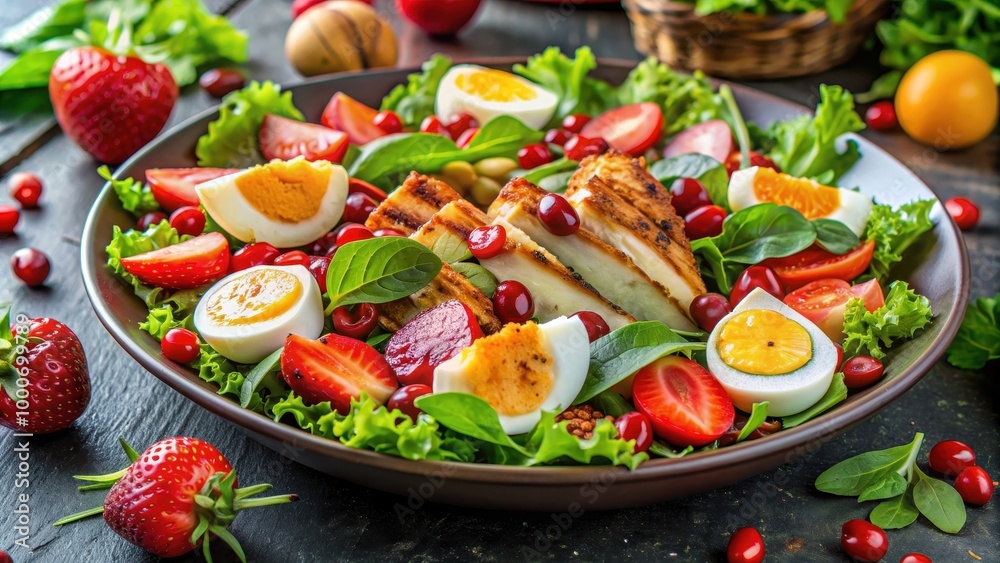 Colorful and appetizing salad featuring grilled chicken, boiled eggs Colorful and appetizing salad featuring grilled chicken, boiled eggs