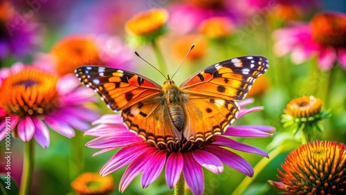 A close-up photo of a vibrant butterfly resting on a flower in a garden, nature, insect, wings, colorful, beauty, wildlife