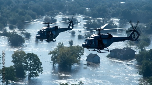 A dramatic scene of rescue helicopters hovering over a flood zone, their rotors spinning rapidly as they airlift stranded individuals to safety. Below, the floodwaters churn violently, submerging  photo