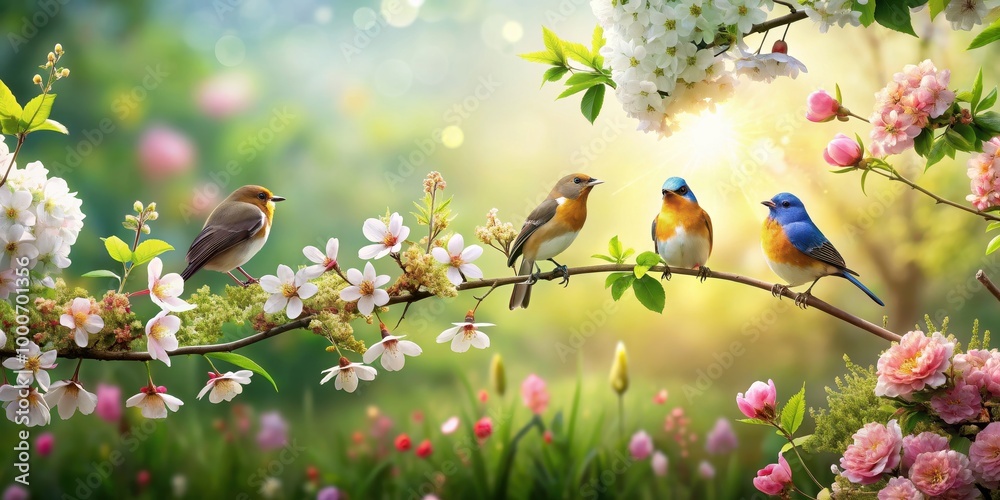 Enchanting image of blooming flowers and singing birds in a whimsical spring garden, spring, nature, melody, whimsical Enchanting image of blooming flowers and singing birds in a whimsical spring garden, spring, nature, melody, whimsical