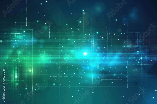 Abstract futuristic background with glowing lines and light particles in blue and green tones for tech design