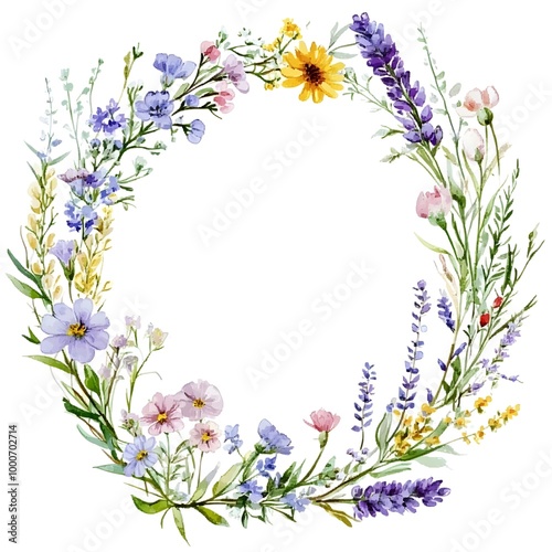 Watercolor wildflower wreath, in dark red and light beige, on a white background. Clipart