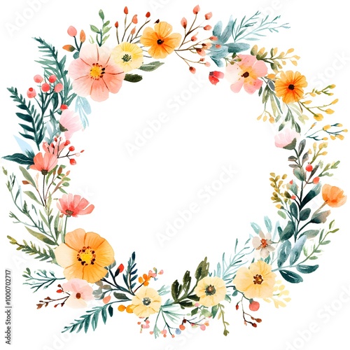 Watercolor wildflower wreath, in dark red and light beige, on a white background. Clipart