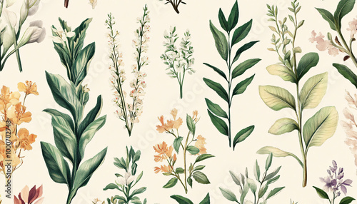 Hand-drawn vintage illustrations of different plant species, paired with soft, muted colors for a calming and artistic vibe