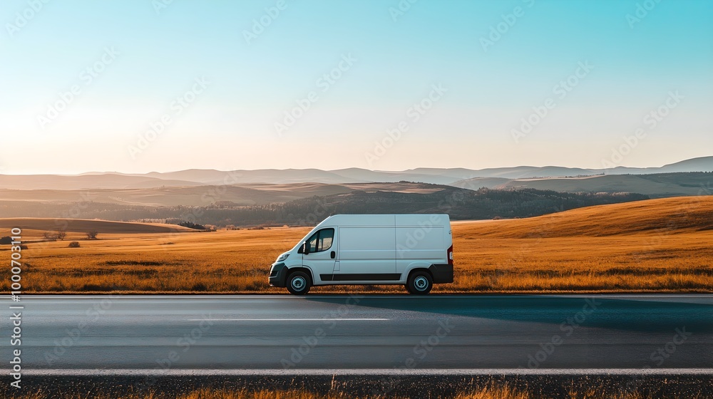 A stylish delivery van positioned on a pristine road, showcasing its streamlined design and efficient transport management capabilities. The van's exterior is free of excessive branding, focusing A stylish delivery van positioned on a pristine road, showcasing its streamlined design and efficient transport management capabilities. The van's exterior is free of excessive branding, focusing