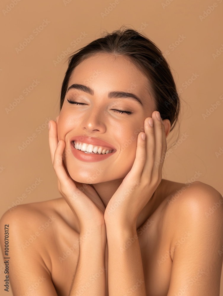 Portrait of smiling woman. Concept of skin care, beauty, happiness. Beige background. Portrait of smiling woman. Concept of skin care, beauty, happiness. Beige background.