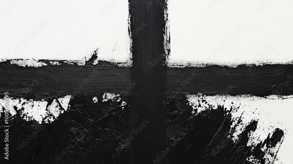 Abstract monochrome painting with bold black cross design Abstract monochrome painting with bold black cross design