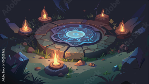 Print Enchanted Spell Circle with Glowing Runes Halloween Background Vector in Magical Mystical Style