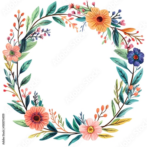 Watercolor wildflower wreath, clipart, white background, white space, clean lines, red and dark beige