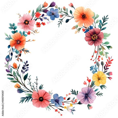 Watercolor wildflower wreath, dark red and light beige pastel color palette,