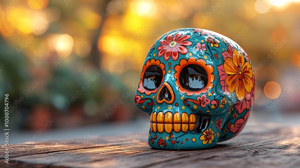 Fototapeta premium A vibrant sugar skull adorned with floral patterns, perfect for Day of the Dead (Dia De Los Muertos) celebrations, altars, and decorative purposes.