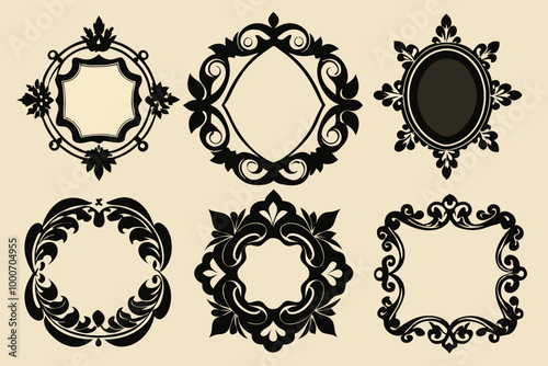 A Set of 6 decorative frame graphic design elements. silhouette black vector art illustration photo